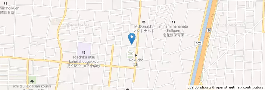 Mapa de ubicacion de 足立六町郵便局 en اليابان, 東京都, 足立区.