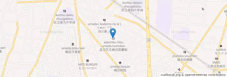 Mapa de ubicacion de 足立区立梅田図書館 en 日本, 东京都/東京都, 足立区.