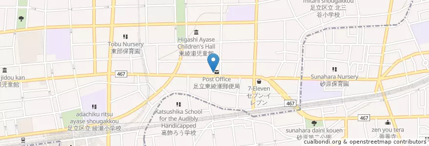 Mapa de ubicacion de 足立東綾瀬郵便局 en اليابان, 東京都, 足立区.