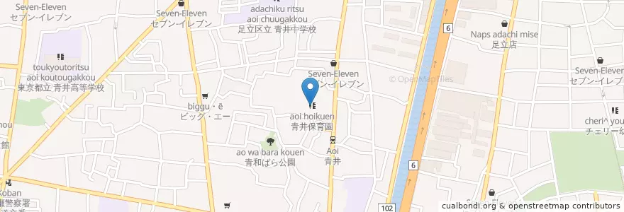Mapa de ubicacion de 青井保育園 en 일본, 도쿄도, 足立区.