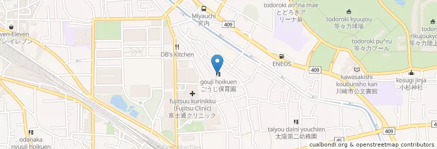 Mapa de ubicacion de ごうじ保育園 en 日本, 神奈川縣, 川崎市, 中原区.