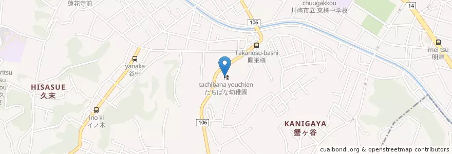 Mapa de ubicacion de たちばな幼稚園 en Japão, 神奈川県, 川崎市, 高津区.