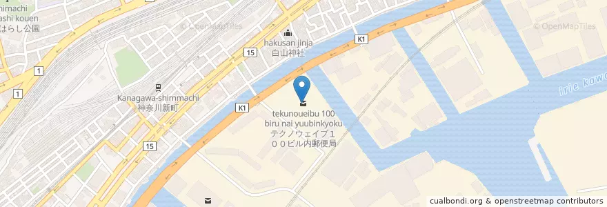 Mapa de ubicacion de テクノウェイブ１００ビル内郵便局 en اليابان, كاناغاوا, 横浜市, 神奈川区.
