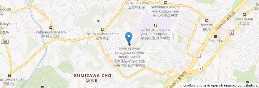Mapa de ubicacion de 医療生協かながわ生活協同組合戸塚病院 en 日本, 神奈川県, 横浜市, 戸塚区.