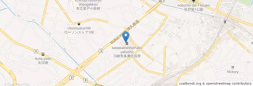 Mapa de ubicacion de 多摩区役所 en Japan, Kanagawa Prefecture, Kawasaki, Tama Ward.