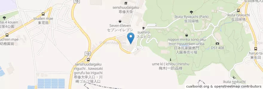 Mapa de ubicacion de 専修大学（ネットワーク情報学部） en Japan, Kanagawa Prefecture, Kawasaki, Tama Ward.