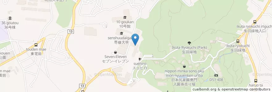 Mapa de ubicacion de 専修大学（文学部） en 日本, 神奈川県, 川崎市, 多摩区.