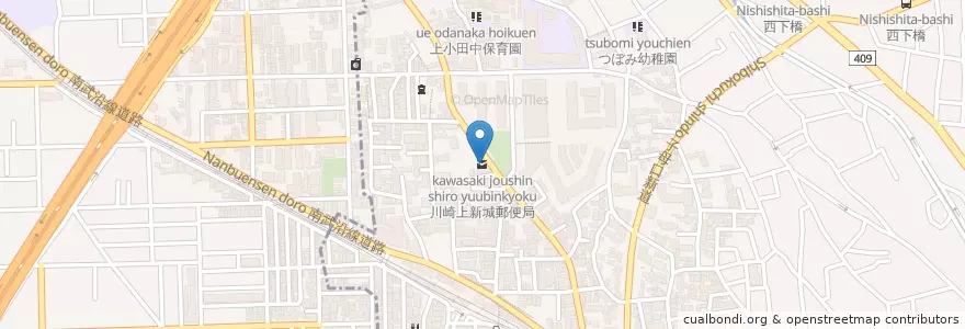 Mapa de ubicacion de 川崎上新城郵便局 en 日本, 神奈川県, 川崎市, 中原区.