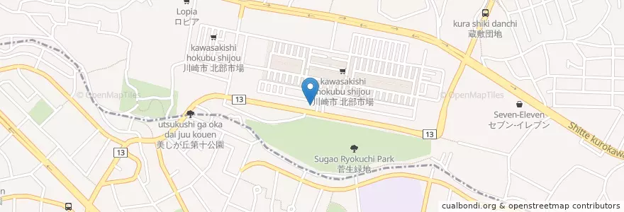 Mapa de ubicacion de 川崎北部市場内郵便局 en Japan, Kanagawa Prefecture, Kawasaki, Miyamae Ward.