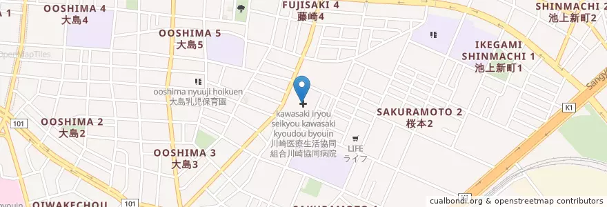 Mapa de ubicacion de 川崎医療生活協同組合川崎協同病院 en Japón, Prefectura De Kanagawa, Kawasaki, 川崎区.