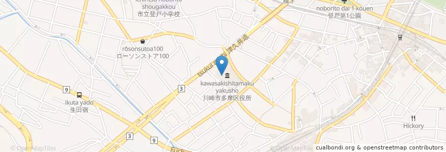 Mapa de ubicacion de 川崎市立多摩図書館 en Japan, Präfektur Kanagawa, 川崎市, 多摩区.