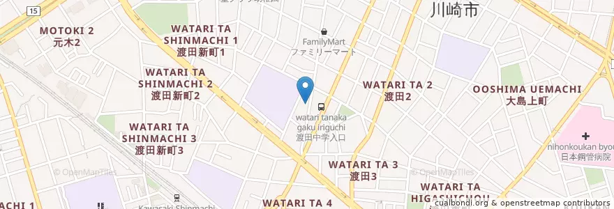 Mapa de ubicacion de 川崎渡田向町郵便局 en Japon, Préfecture De Kanagawa, Kawasaki, 川崎区.