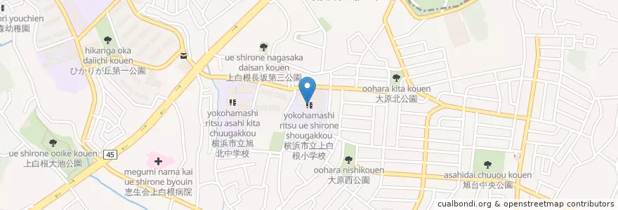 Mapa de ubicacion de 横浜市立上白根小学校 en 일본, 가나가와현, 요코하마시, 旭区.