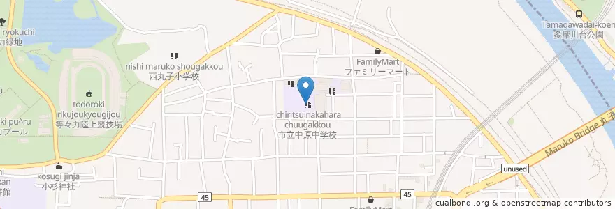 Mapa de ubicacion de 市立中原中学校 en Japão, 神奈川県, 川崎市, 中原区.