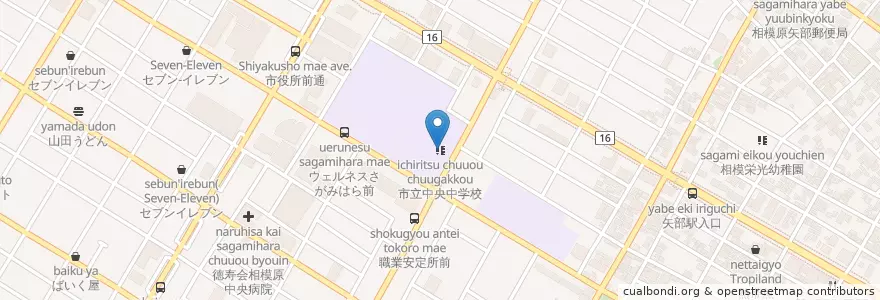Mapa de ubicacion de 市立中央中学校 en 일본, 가나가와현, 相模原市, 中央区.