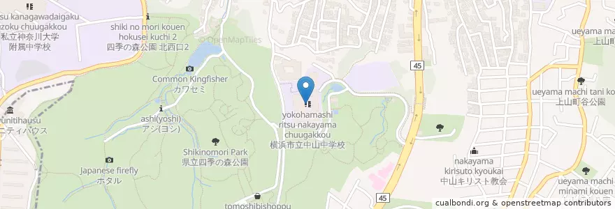 Mapa de ubicacion de 横浜市立中山中学校 en Japão, 神奈川県, 横浜市, 緑区.