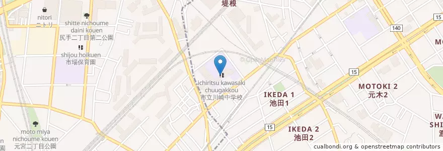 Mapa de ubicacion de 市立川崎中学校 en ژاپن, 神奈川県, 横浜市, 鶴見区.