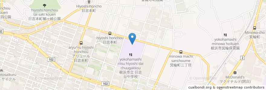 Mapa de ubicacion de 横浜市立日吉台中学校 en 일본, 가나가와현, 요코하마시, 港北区.