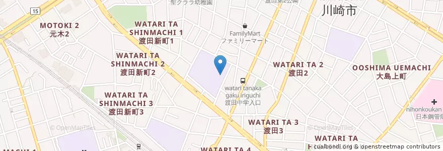 Mapa de ubicacion de 川崎市立渡田中学校 en 일본, 가나가와현, 川崎市, 川崎区.