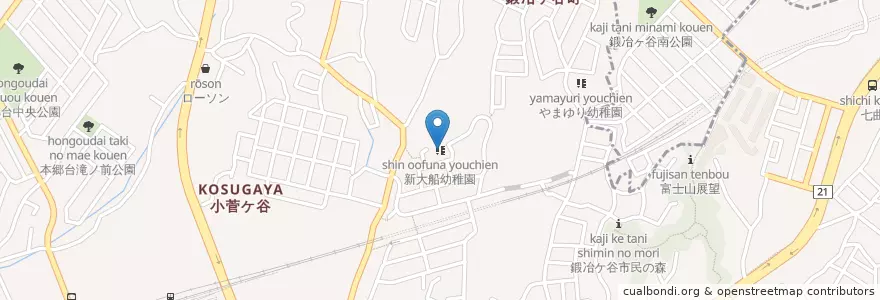 Mapa de ubicacion de 新大船幼稚園 en 일본, 가나가와현, 요코하마시, 栄区.