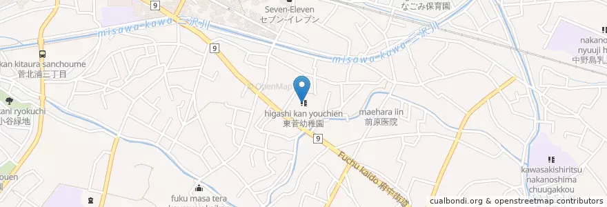 Mapa de ubicacion de 東菅幼稚園 en 日本, 神奈川県, 川崎市, 多摩区.