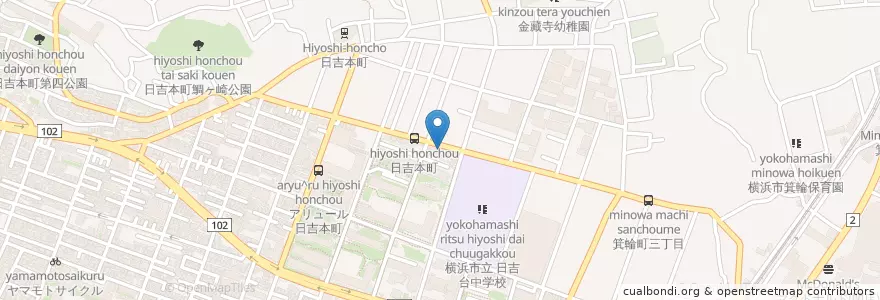 Mapa de ubicacion de 横浜南日吉郵便局 en Japão, 神奈川県, 横浜市, 港北区.