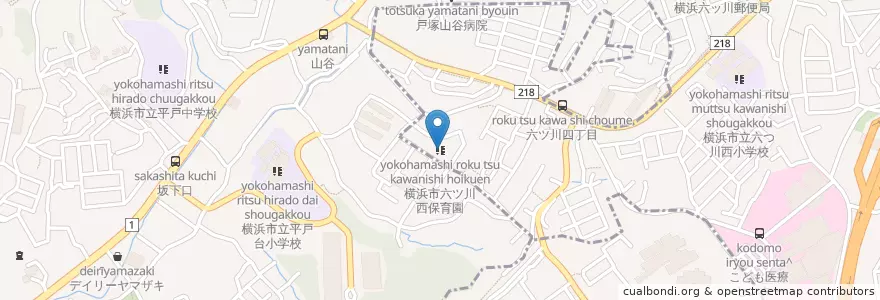 Mapa de ubicacion de 横浜市六ツ川西保育園 en Japan, Präfektur Kanagawa, Yokohama, 戸塚区.