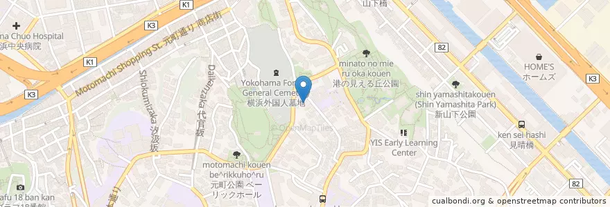 Mapa de ubicacion de 横浜市安全管理局中消防署山手消防出張所 en Japan, 神奈川県, Yokohama, 中区.