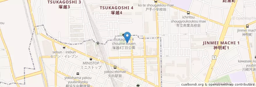 Mapa de ubicacion de 横浜市矢向保育園 en 일본, 가나가와현, 川崎市, 요코하마시, 鶴見区.