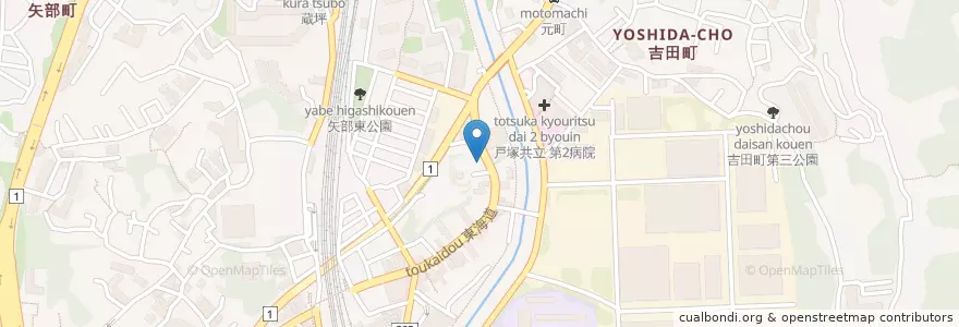 Mapa de ubicacion de 横浜矢部郵便局 en Japan, Kanagawa Prefecture, Yokohama, Totsuka Ward.
