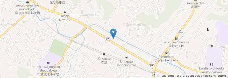 Mapa de ubicacion de 横須賀警察署衣笠駅前交番 en Japão, 神奈川県, 横須賀市.