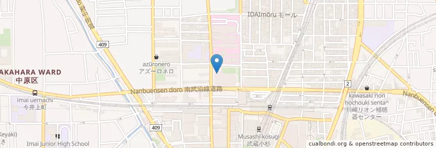 Mapa de ubicacion de 武蔵小杉タワープレイス内郵便局 en Japan, Präfektur Kanagawa, 川崎市, 中原区.