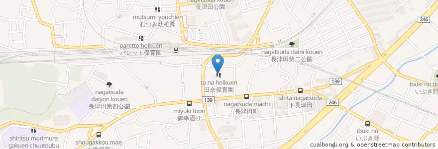 Mapa de ubicacion de 田奈保育園 en 일본, 가나가와현, 요코하마시, 緑区.