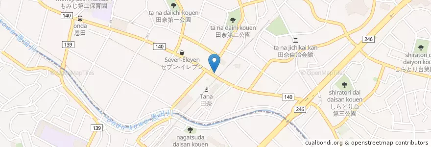 Mapa de ubicacion de 田奈駅前郵便局 en Japan, Präfektur Kanagawa, Yokohama, 緑区, 青葉区.