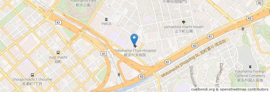 Mapa de ubicacion de 横浜中央病院 en 일본, 가나가와현, 요코하마시, 中区.