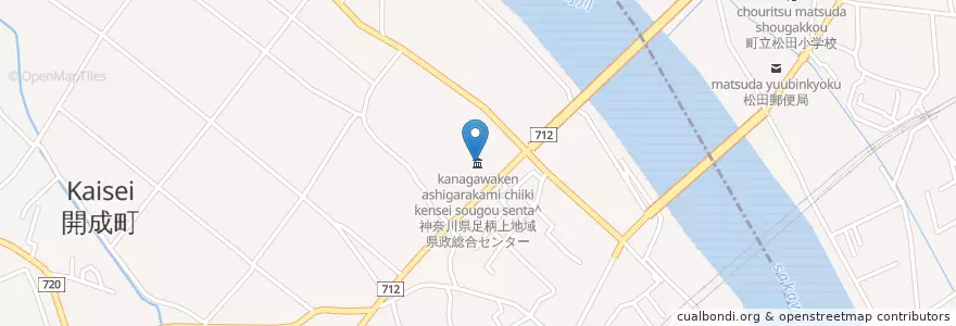 Mapa de ubicacion de 神奈川県足柄上地域県政総合センター en 日本, 神奈川県, 足柄上郡, 松田町, 開成町.