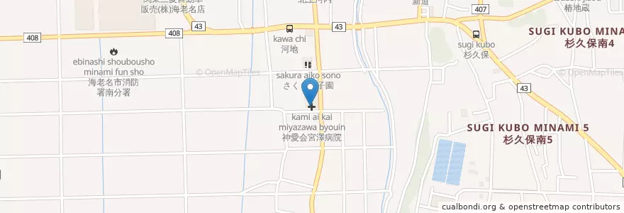 Mapa de ubicacion de オアシス湘南病院 en 日本, 神奈川県, 海老名市.
