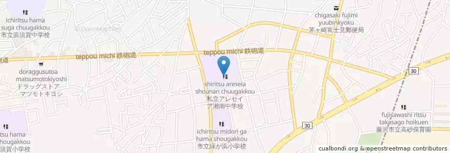 Mapa de ubicacion de 私立アレセイア湘南中学校 en Japan, Präfektur Kanagawa, 茅ヶ崎市.