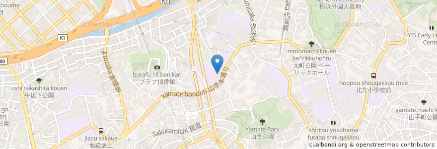 Mapa de ubicacion de 私立横浜山手女子高等学校 en 일본, 가나가와현, 요코하마시, 中区.