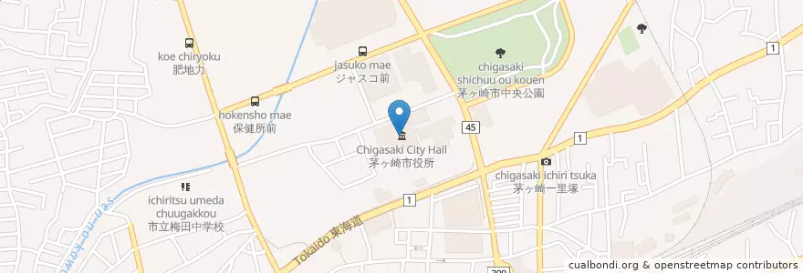 Mapa de ubicacion de 茅ヶ崎市役所 en Япония, Канагава, Тигасаки.