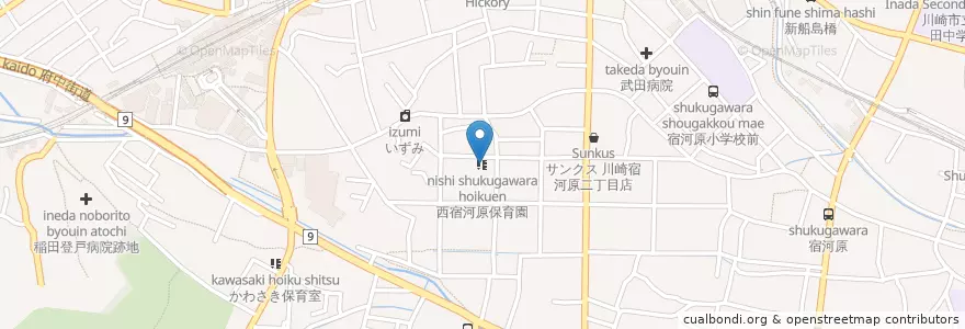 Mapa de ubicacion de 西宿河原保育園 en Giappone, Prefettura Di Kanagawa, 川崎市, 多摩区.