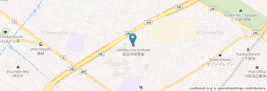 Mapa de ubicacion de 西高津保育園 en Japão, 神奈川県, 川崎市, 高津区.