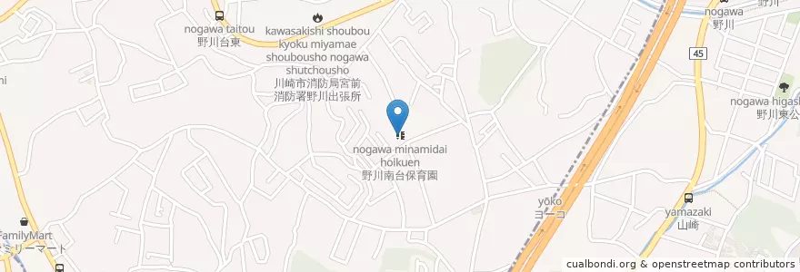 Mapa de ubicacion de 野川南台保育園 en Japan, Kanagawa Prefecture, Kawasaki.