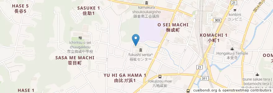 Mapa de ubicacion de 鎌倉市中央図書館 (Kamakura City Library) en Japão, 神奈川県, 鎌倉市.