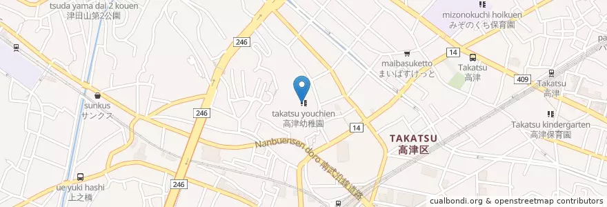 Mapa de ubicacion de 高津幼稚園 en 일본, 가나가와현, 川崎市, 高津区.