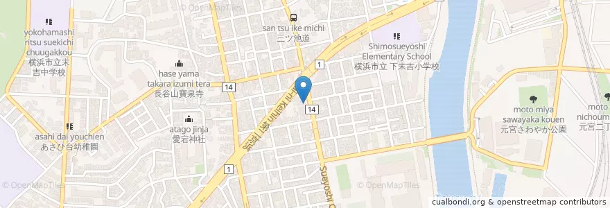 Mapa de ubicacion de 鶴見下末吉町郵便局 en 일본, 가나가와현, 요코하마시, 鶴見区.