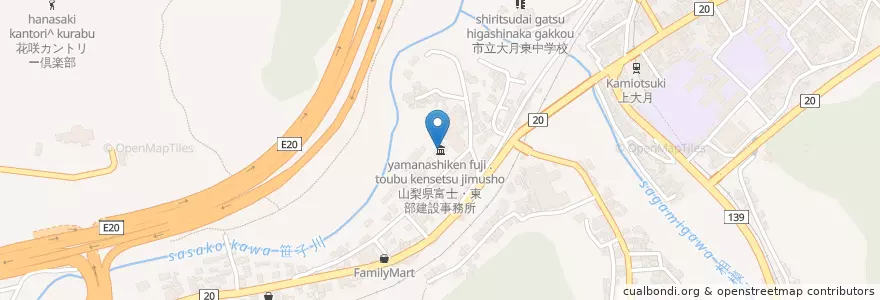 Mapa de ubicacion de 山梨県富士・東部建設事務所 en 日本, 山梨県, 大月市.