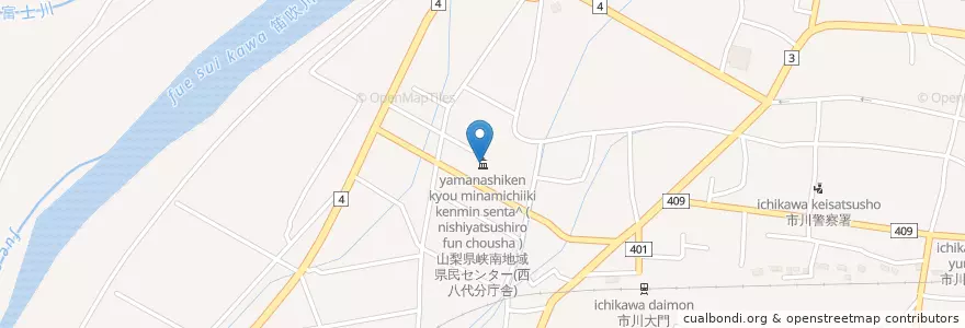 Mapa de ubicacion de 山梨県峡南地域県民センター(西八代分庁舎) en 日本, 山梨県, 西八代郡, 市川三郷町.