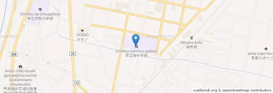 Mapa de ubicacion de 市立南中学校 en 日本, 山梨県, 甲府市.