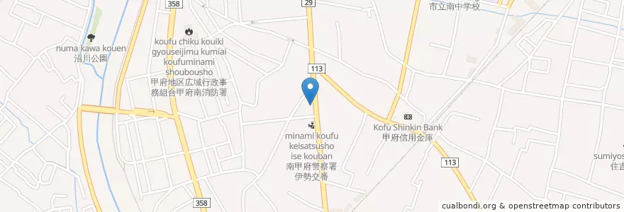 Mapa de ubicacion de 甲府伊勢四郵便局 en اليابان, 山梨県, كوفو.